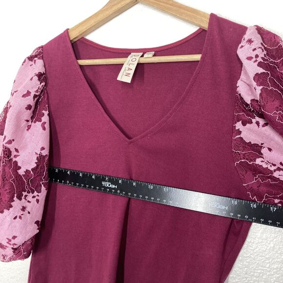 Dolan Shirt Womens Medium Burgundy Pink V-Neck Puff Sleeve Floral Lace Knit - Picture 6 of 16